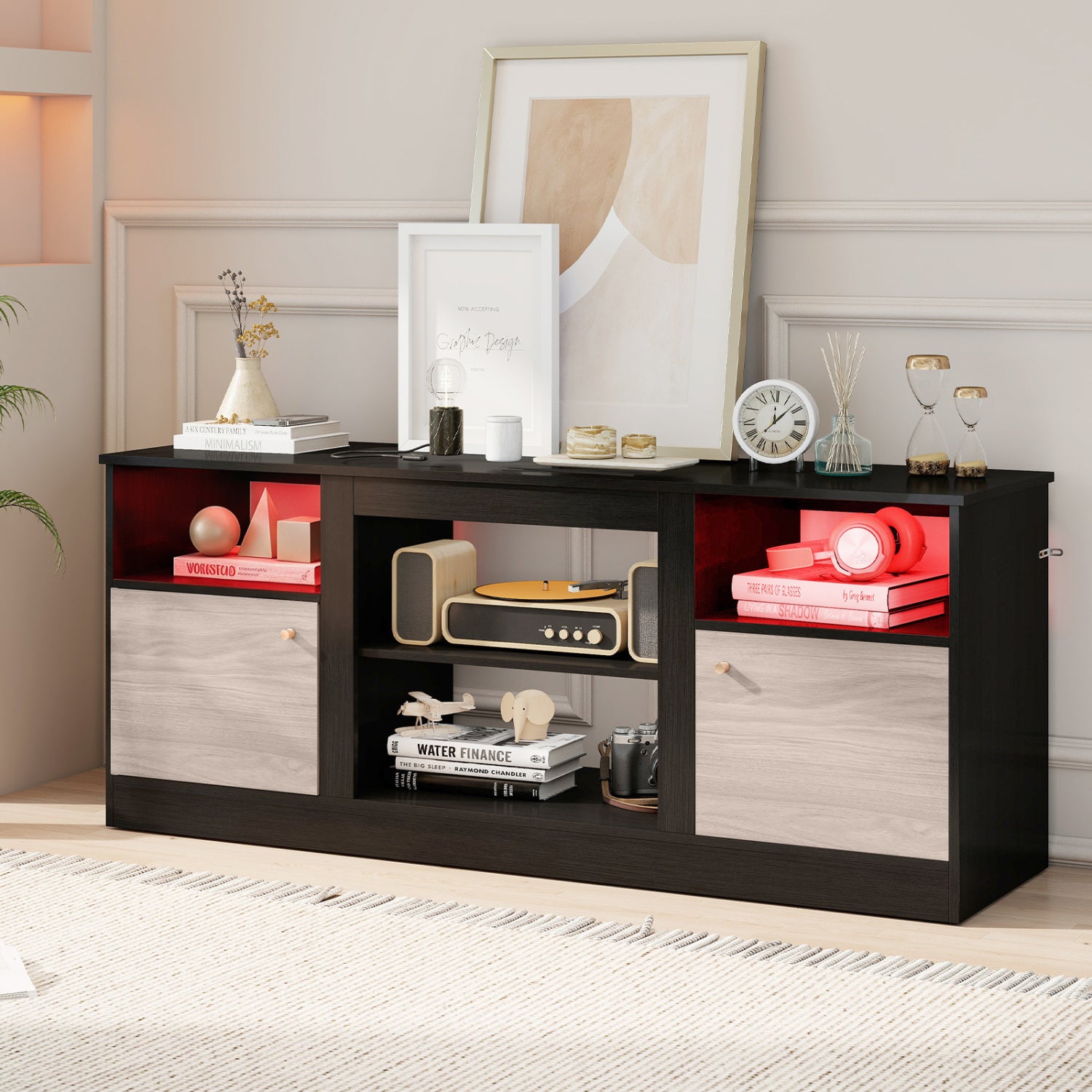 Entertainment Center with Adjustable Shelf & Open Compartment for 65” TVs, Black Entertainment Centers & TV Stands at Gallery Canada