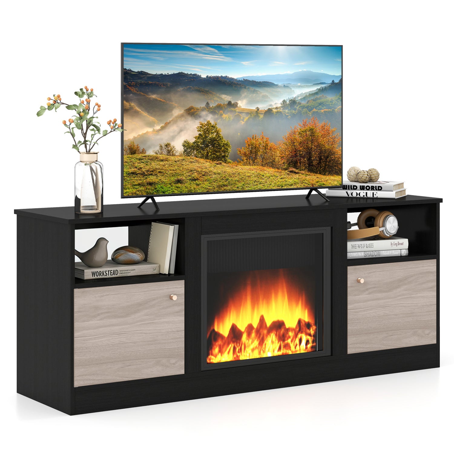 Entertainment Center with Adjustable Shelf & Open Compartment for 65” TVs, Black Entertainment Centers & TV Stands at Gallery Canada