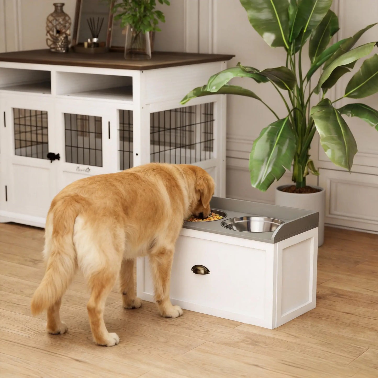 Station d'alimentation pour chiens surélevée, 2 bols en acier inoxydable, 23,6"x11,8"x14,2", blanc