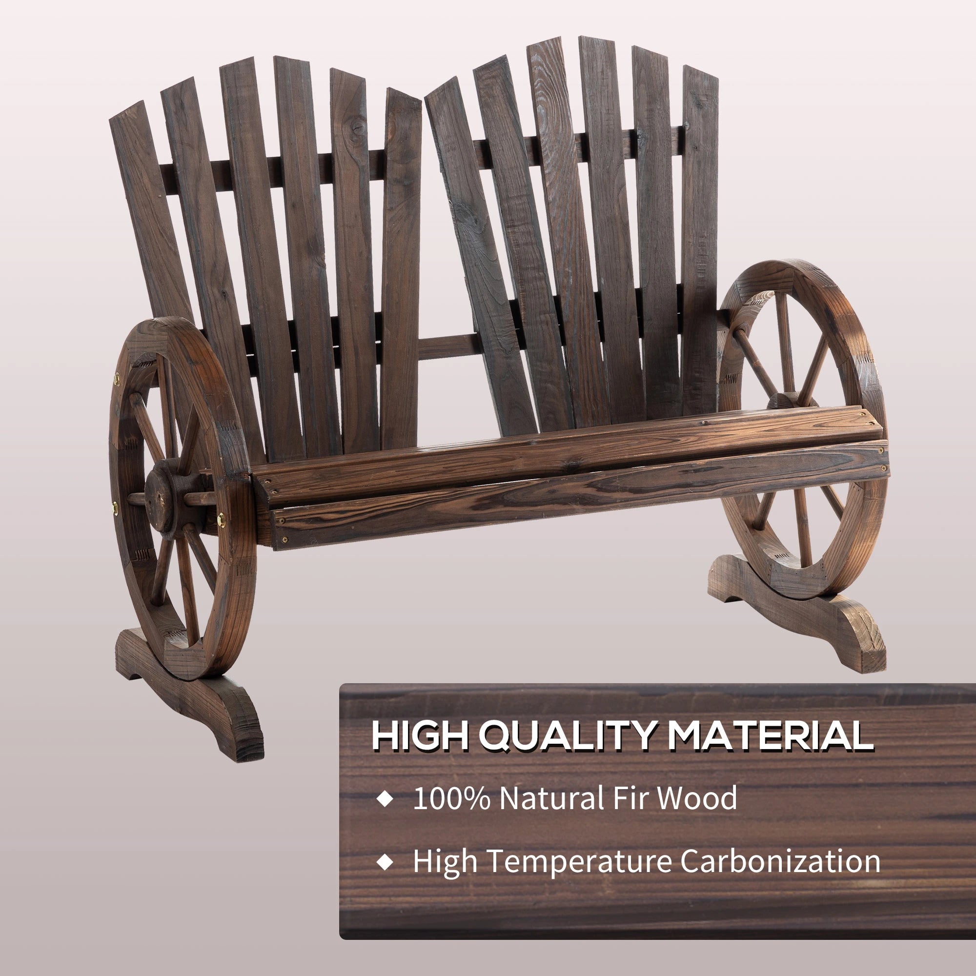 Outdoor Garden Bench, 2-Seat Wooden Patio Bench, Wheel-Shaped Armrests, Carbonized Outdoor Benches at Gallery Canada