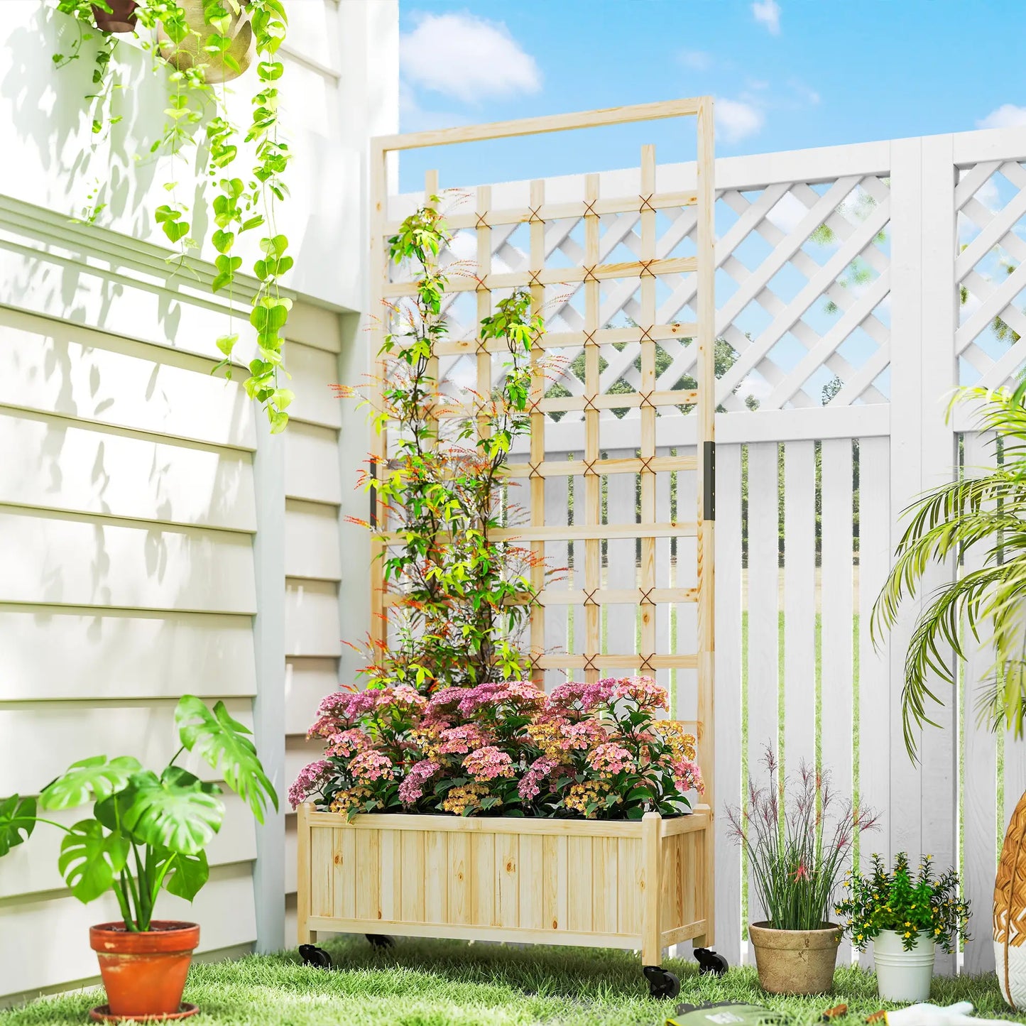 Wooden Planter With Trellis, Raised Garden Bed With Wheels, Drainage Holes