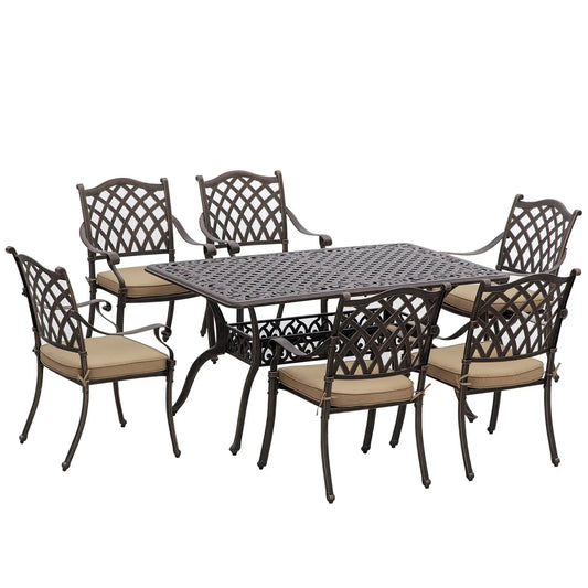 7 Piece Cast Aluminum Patio Dining Set with 6 Chairs, Rectangular Table, Khaki Bistro Sets Bronze Tone, Khaki at Gallery Canada