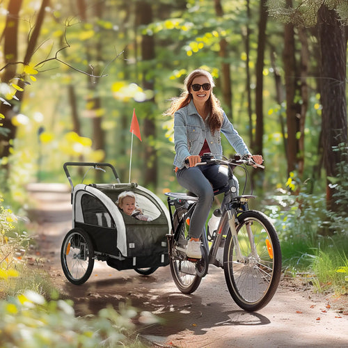 2-in-1 Bike Trailer, Foldable 2-Seat Stroller, 5-Point Harness, Black