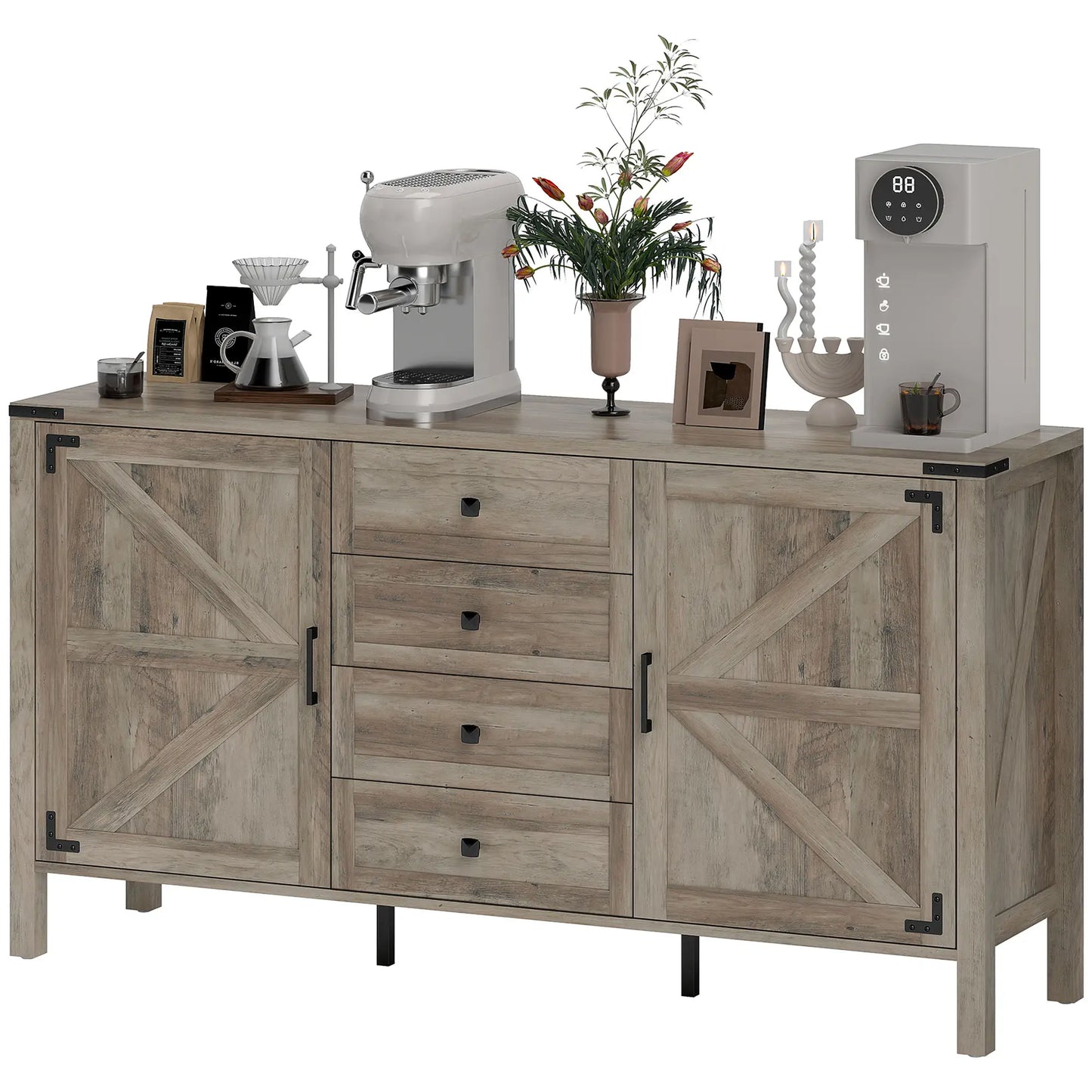 59" Buffet Cabinet, Farmhouse Sideboard, 2 Barn Doors, 4 Drawers, Grey Storage Cabinets Grey Wash at Gallery Canada