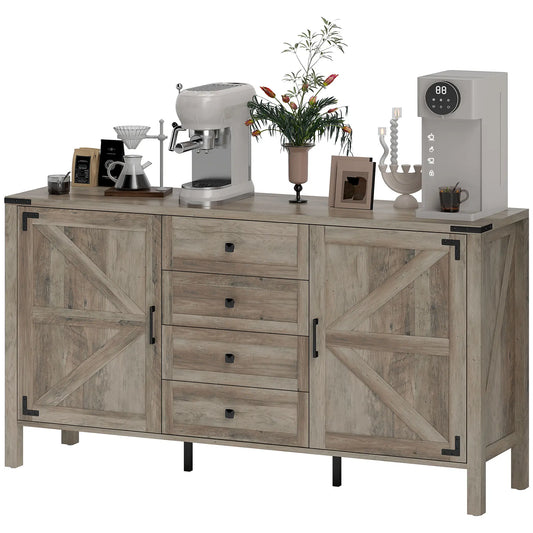 59" Buffet Cabinet, Farmhouse Sideboard, 2 Barn Doors, 4 Drawers, Grey