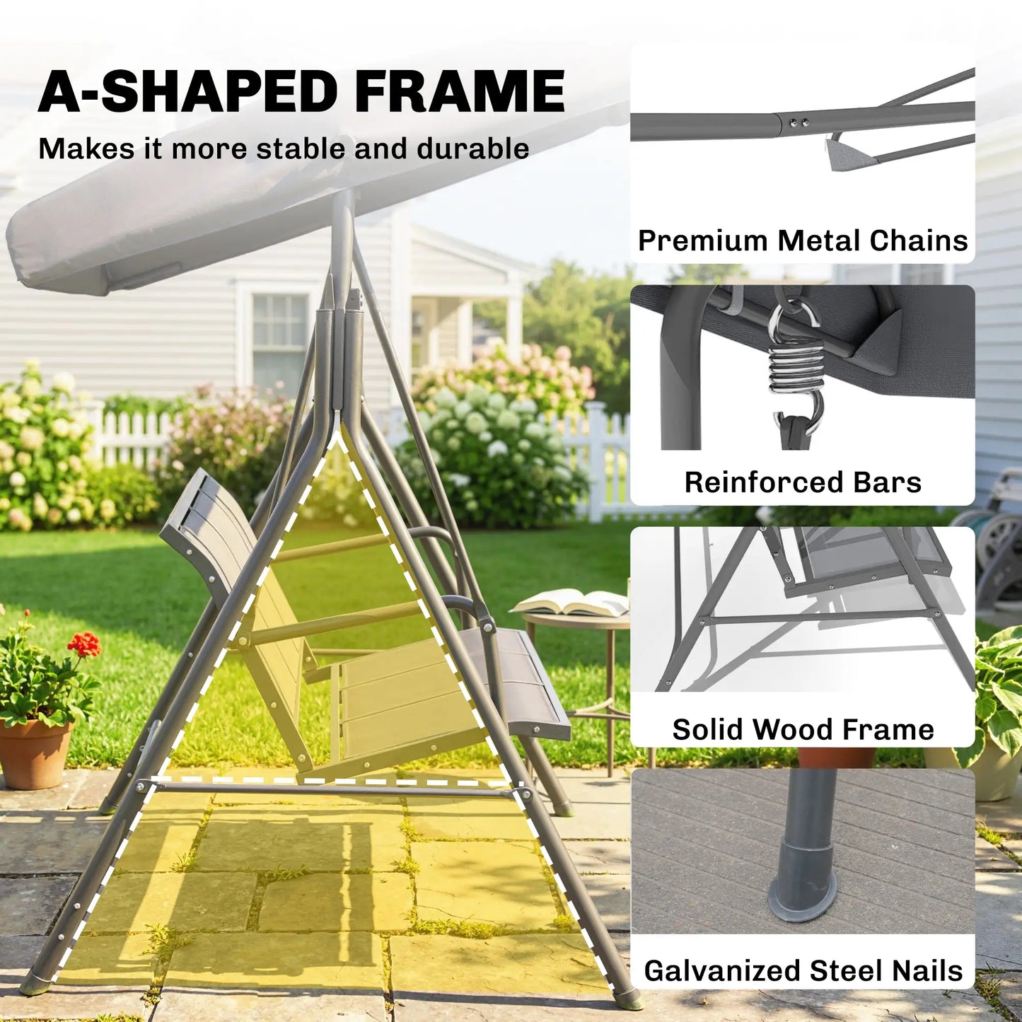 3-Seater Swing Chair, A-Frame Garden Hammock, Adjustable Canopy, Grey Patio Swings with Stand at Gallery Canada