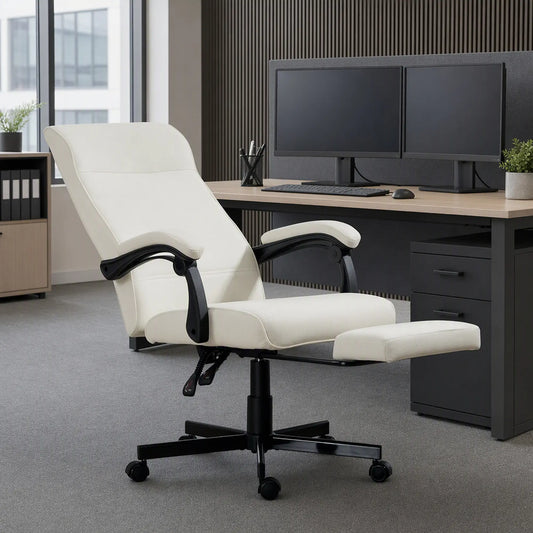 High Back Swivel Recliner Chair, Adjustable Height, Footrest, Cream White Office Chairs Cream at Gallery Canada