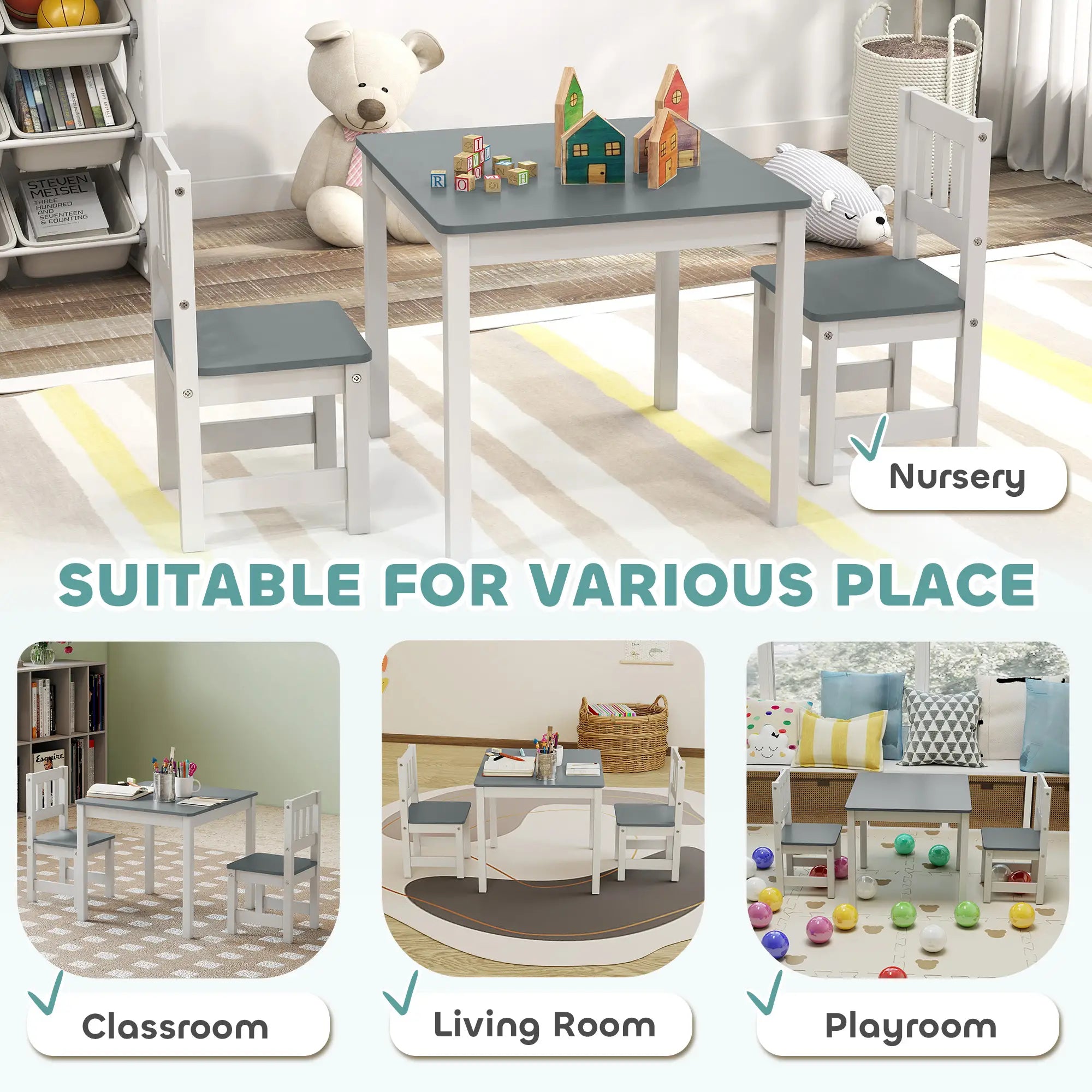 Kids Table and Chairs Set, Toddler Activity Table, 2 Chairs, Grey Kids Table Sets at Gallery Canada
