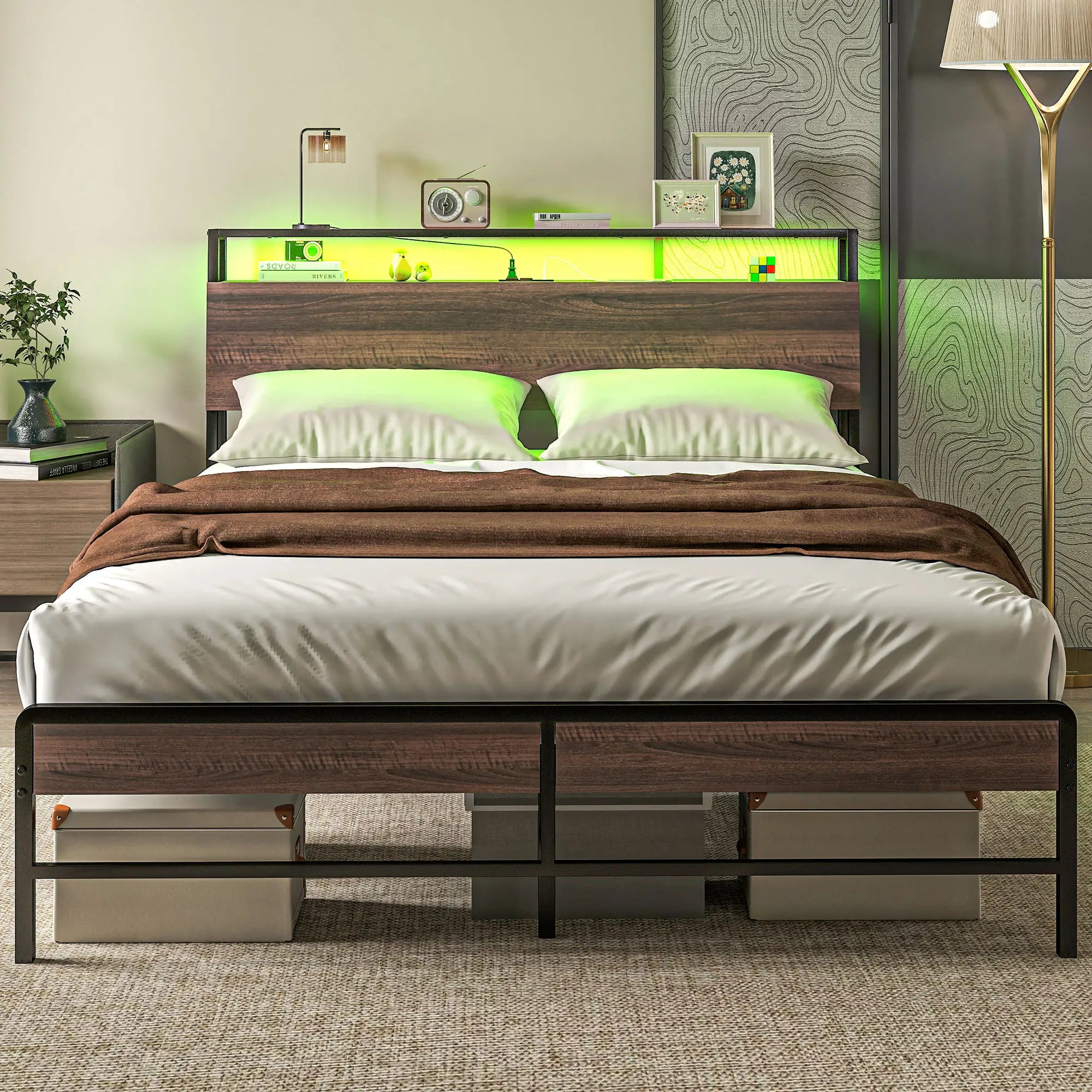 Queen Size Bed Frame with LED Lights, Charging Station, Storage Headboard, Walnut Bedroom Furniture at Gallery Canada