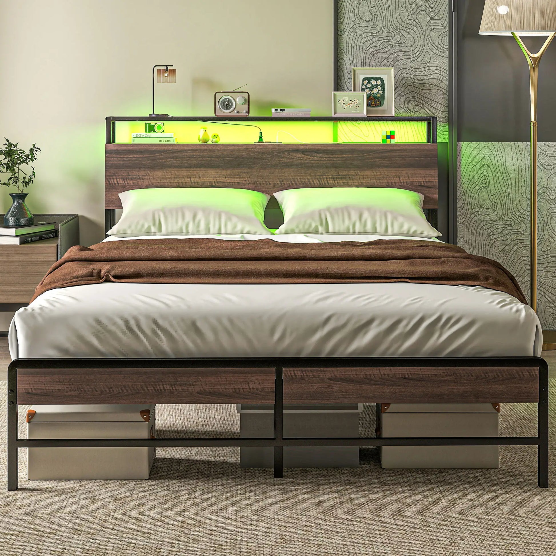 Queen Size Bed Frame with LED Lights, Charging Station, Storage Headboard, Walnut Bedroom Furniture at Gallery Canada