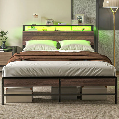 Queen Size Bed Frame with LED Lights, Charging Station, Storage Headboard, Walnut Bedroom Furniture at Gallery Canada