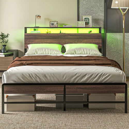 Queen Size Bed Frame with LED Lights, Charging Station, Storage Headboard, Walnut