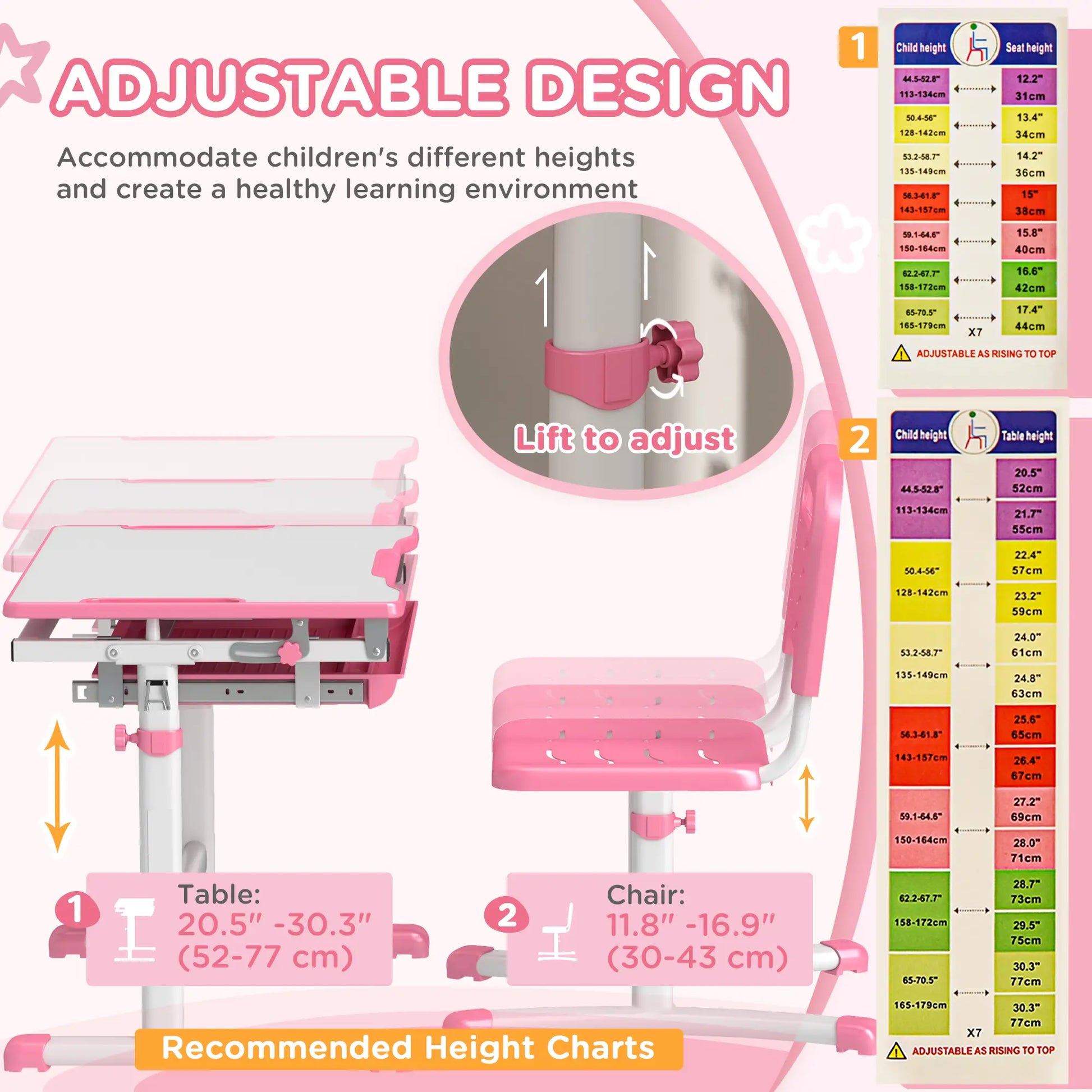 Adjustable Study Table, Chair Set with Drawer, Pink Kids Desk Sets at Gallery Canada