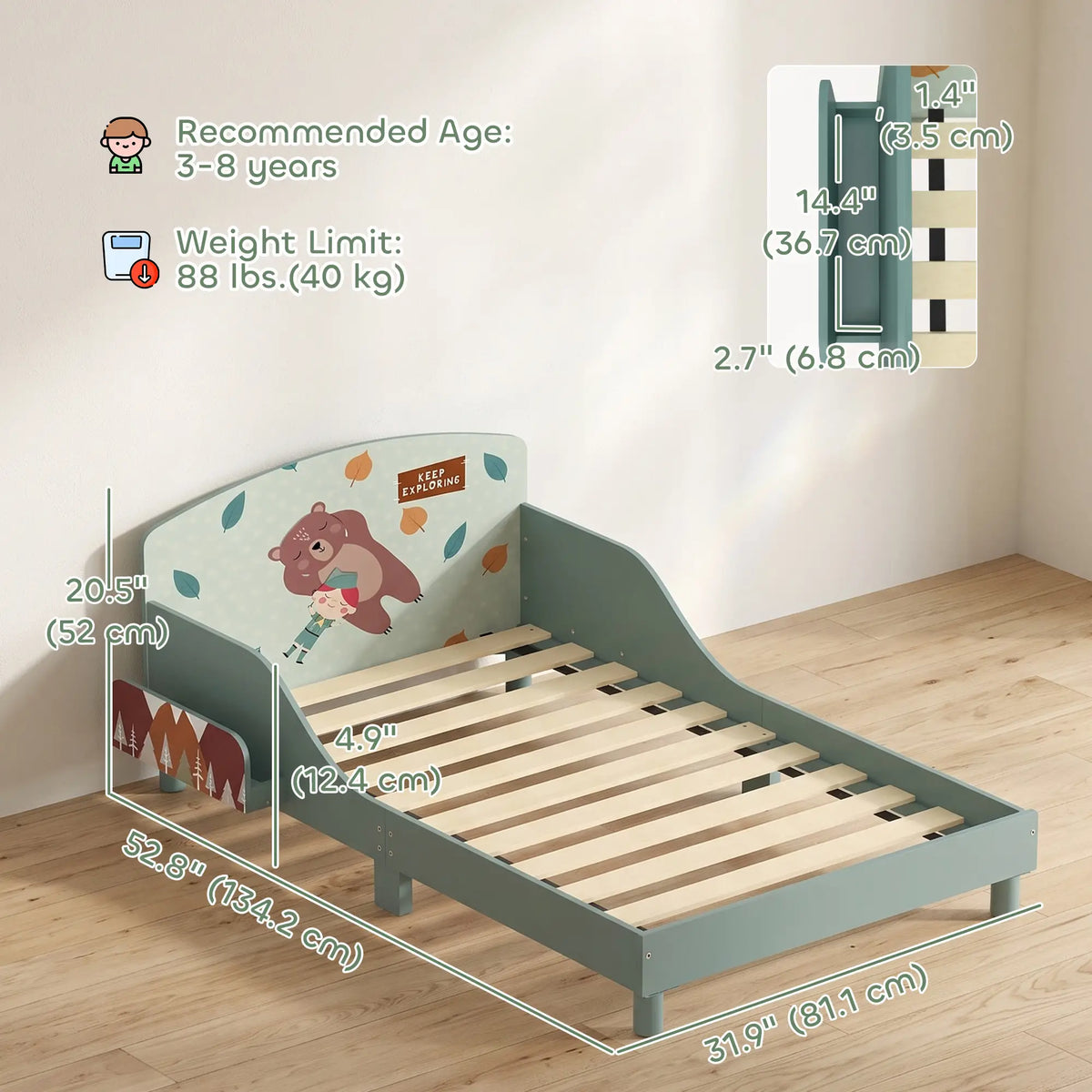 Toddler Bed with Storage, Guard Rails, 132x70x10cm, Green Bear Print