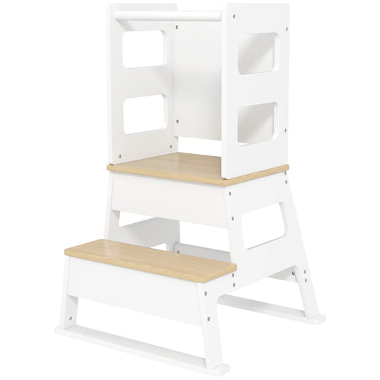2 in 1 Toddler Tower with Chalkboard, Safety Rail, White Toddler & Kids Step Stools White, Natural Wood at Gallery Canada