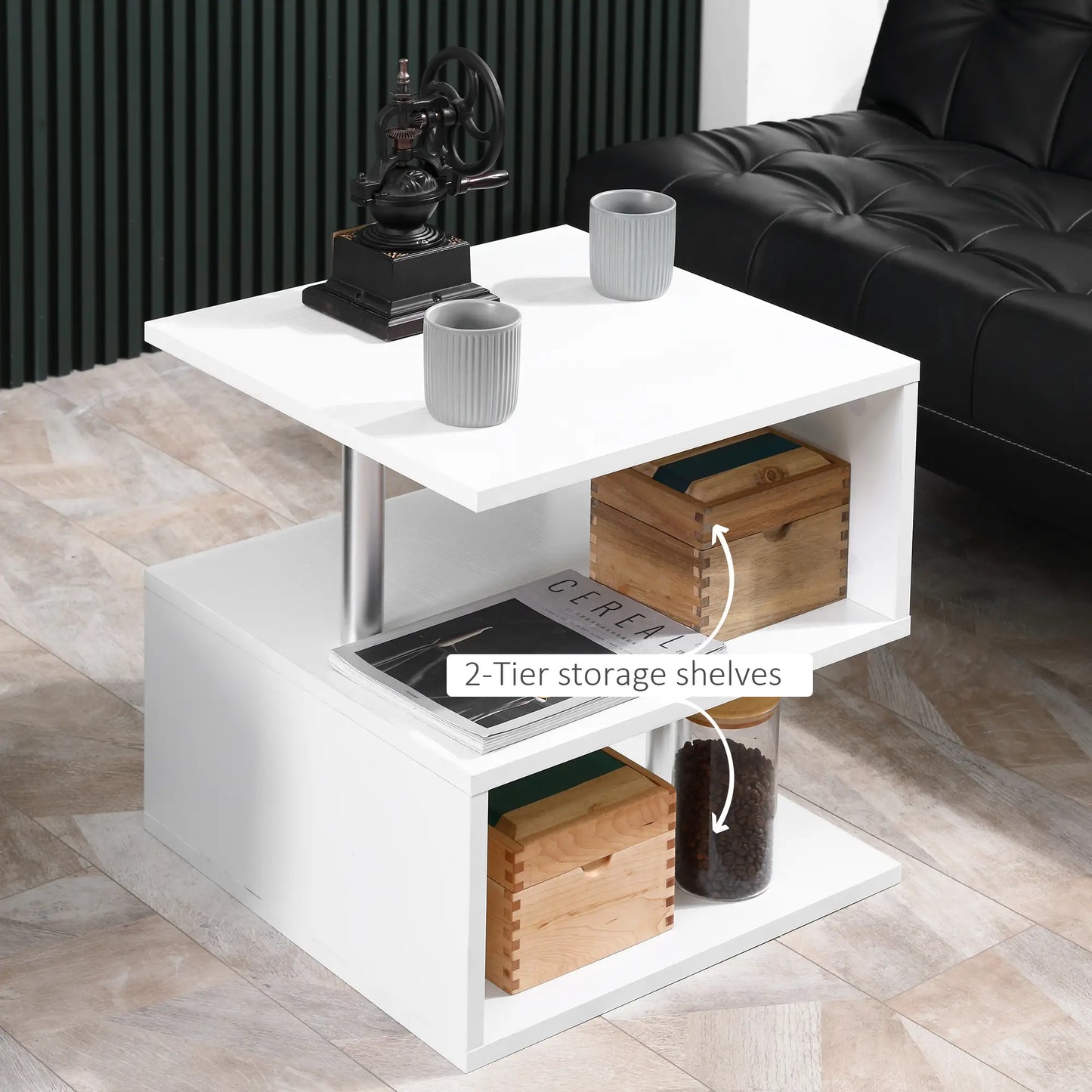 Wooden S Shape End Table, 3 Tier Storage Shelves, White Side Tables at Gallery Canada