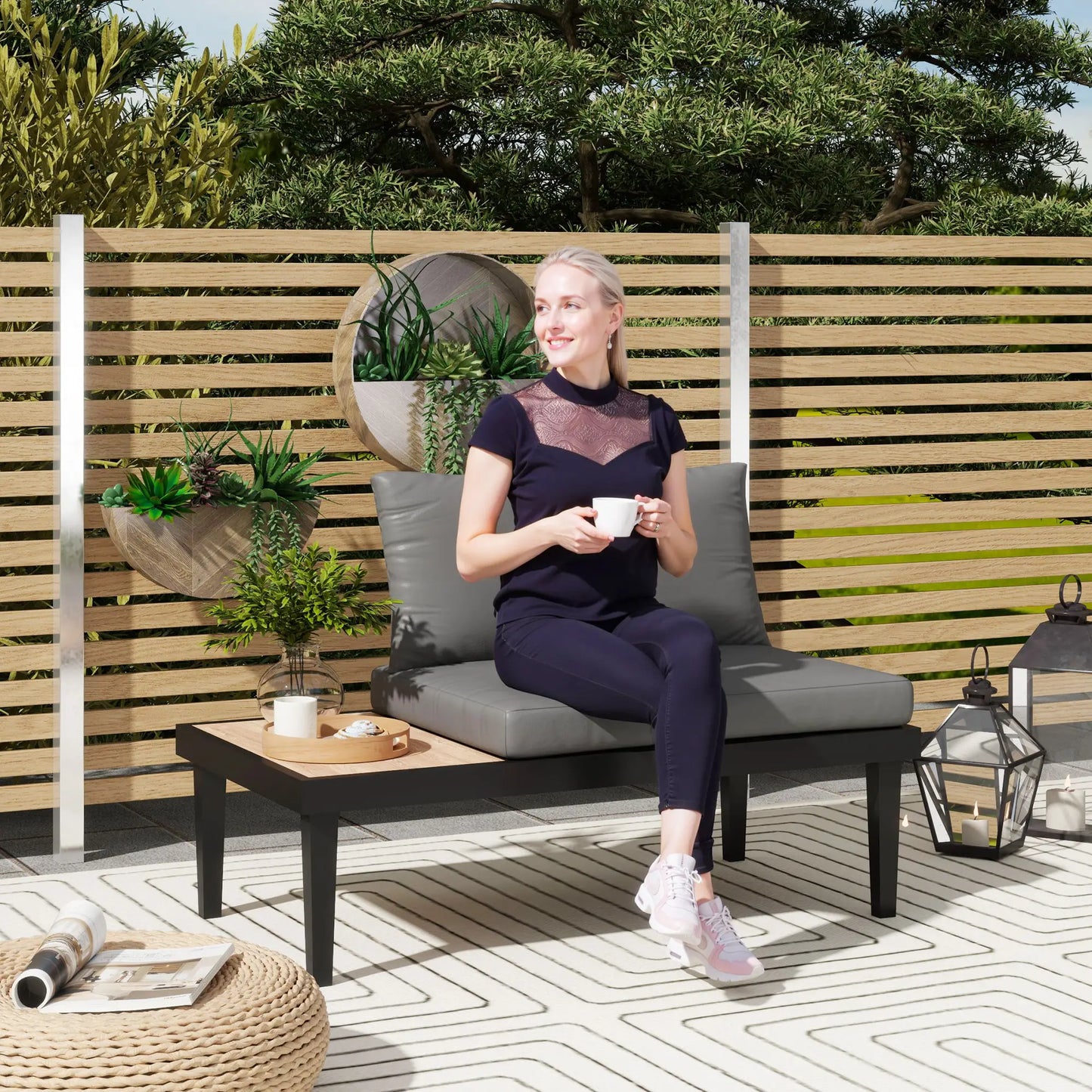 2 Seater Patio Sofa, Outdoor Couch with Wood Tray, Cushions, Grey Patio Chairs at Gallery Canada