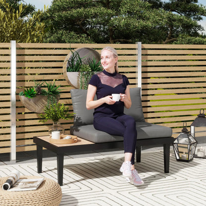 2 Seater Patio Sofa, Outdoor Couch with Wood Tray, Cushions, Grey Patio Chairs at Gallery Canada