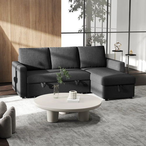 Convertible Corner Sofa Bed, Built-In Storage, 3 Removable Cushions, Black