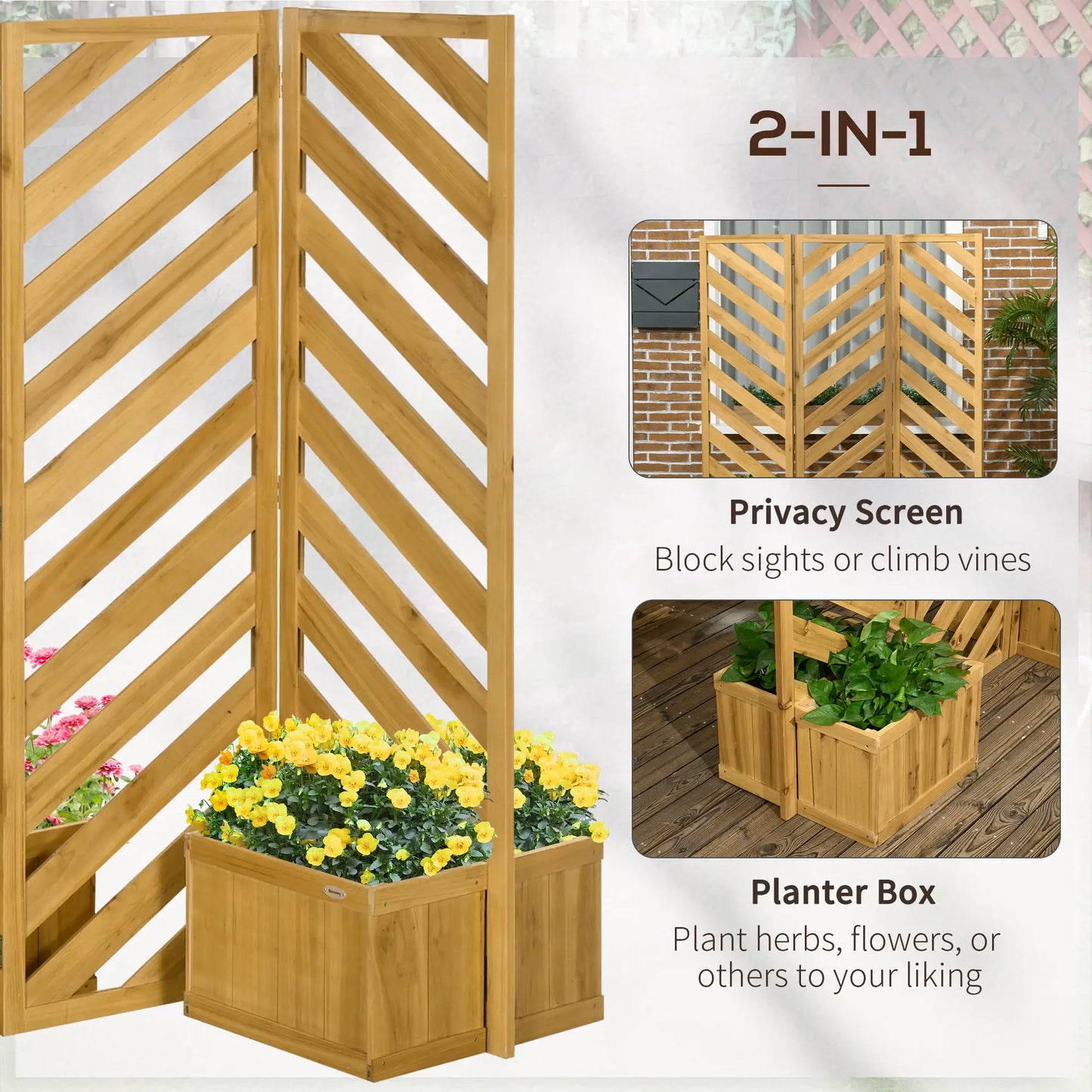 65" Folding Privacy Screen With Planters, For Patio Deck, Brown Side Awnings at Gallery Canada