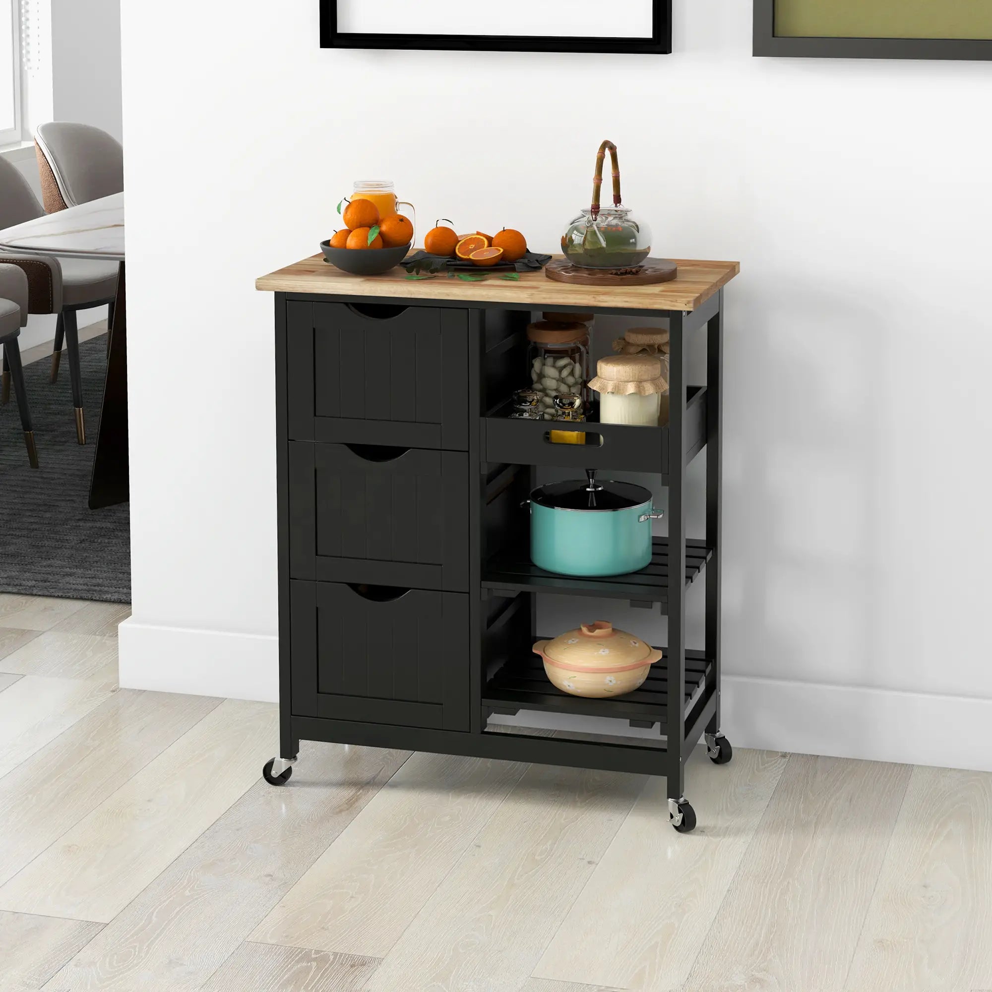Kitchen Cart on Wheels, Wood Top, 3 Drawers, Shelves, Black Kitchen Islands & Kitchen Carts at Gallery Canada