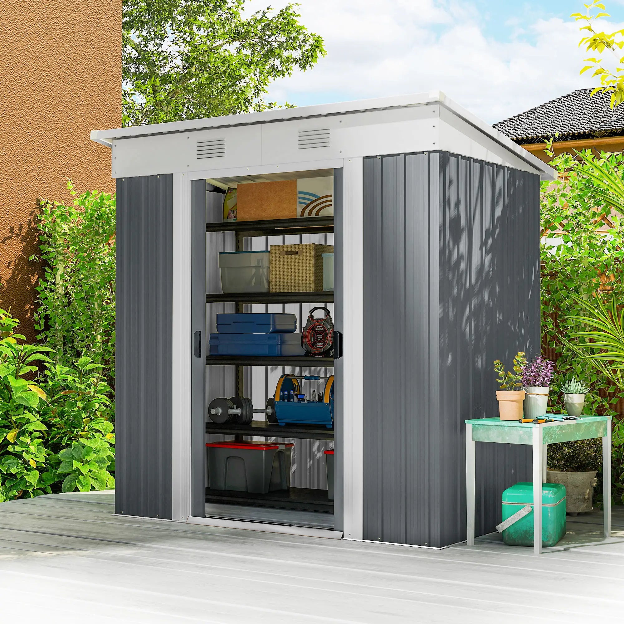 6' x 4' Metal Garden Shed, Lockable Sliding Doors, Vents, Grey Sheds at Gallery Canada
