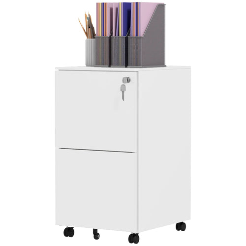 2-Drawer Steel Filing Cabinet on Wheels, Lockable, Adjustable Hanging Bar, White