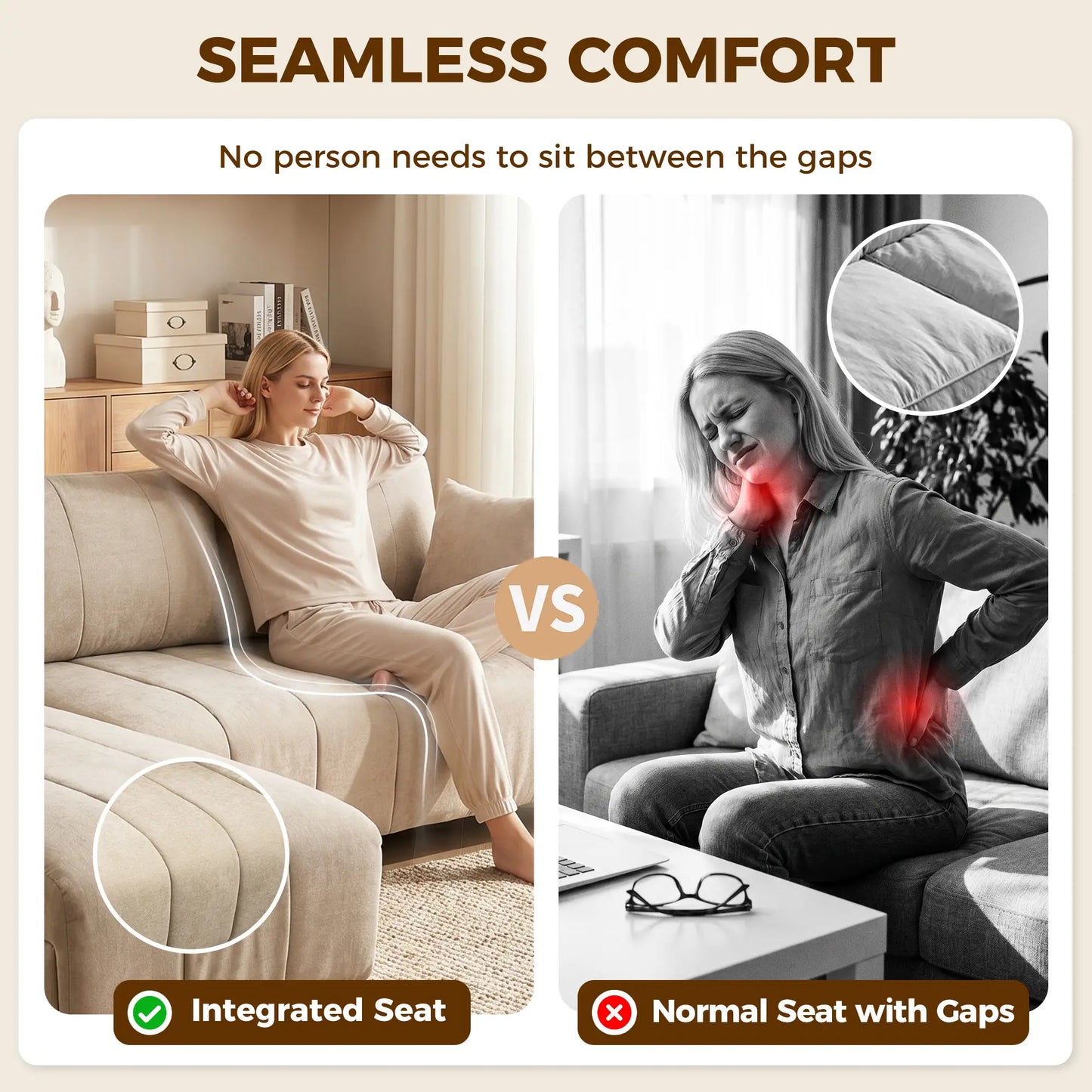 Canapé sectionnel en forme de L 3 places avec méridienne, coussin à ressorts, oreillers, beige
