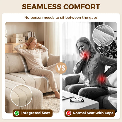 Canapé sectionnel en forme de L 3 places avec méridienne, coussin à ressorts, oreillers, beige