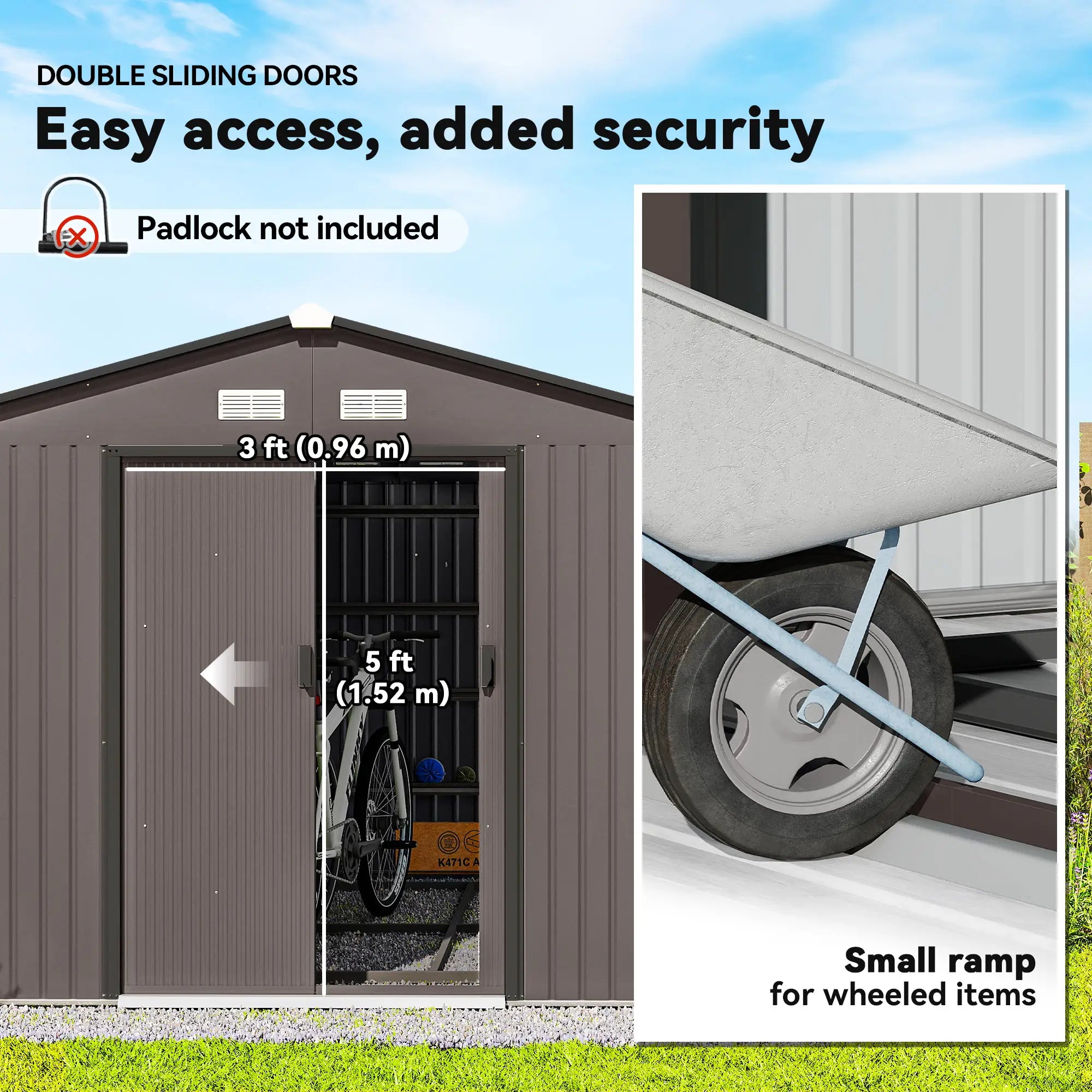 9' x 10.6' Garden Storage Shed, Foundation Kit, Metal Tool House, Double Doors, Brown Sheds at Gallery Canada