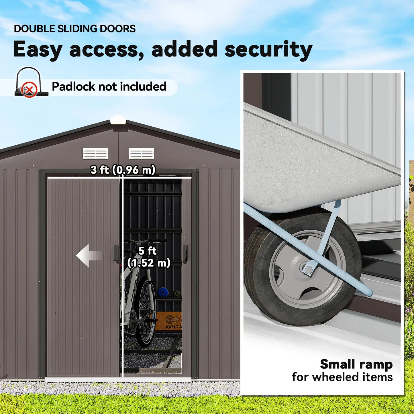 9' x 10.6' Garden Storage Shed, Foundation Kit, Metal Tool House, Double Doors, Brown Sheds at Gallery Canada