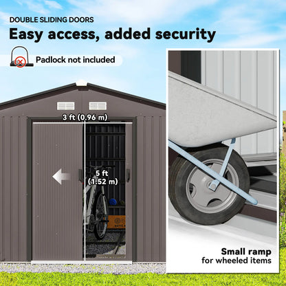 9' x 10.6' Garden Storage Shed, Foundation Kit, Metal Tool House, Double Doors, Brown Sheds at Gallery Canada