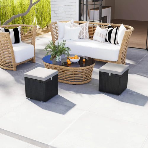 2 Wicker Outdoor Ottomans with Storage, Removable Cushion, Grey