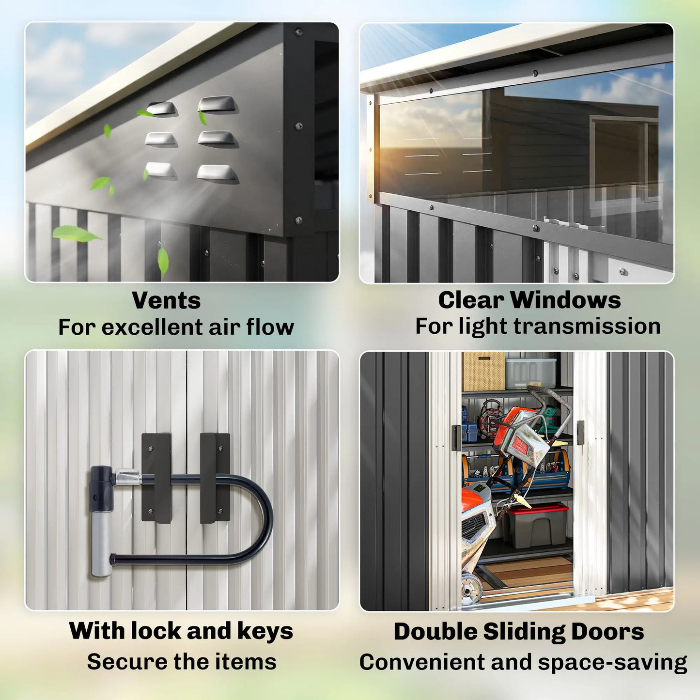6.5x4FT Galvanised Metal Shed, Foundation Kit, Lockable Garden Storage, Sliding Doors, Vents, Grey Sheds at Gallery Canada