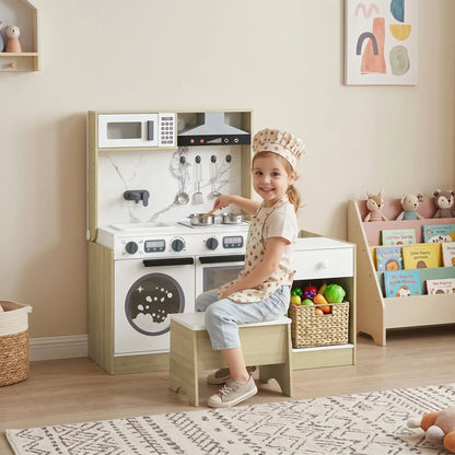 2-In-1 Kids Kitchen Playset, Table & Chair with Sink, Oven, Microwave, 3-8