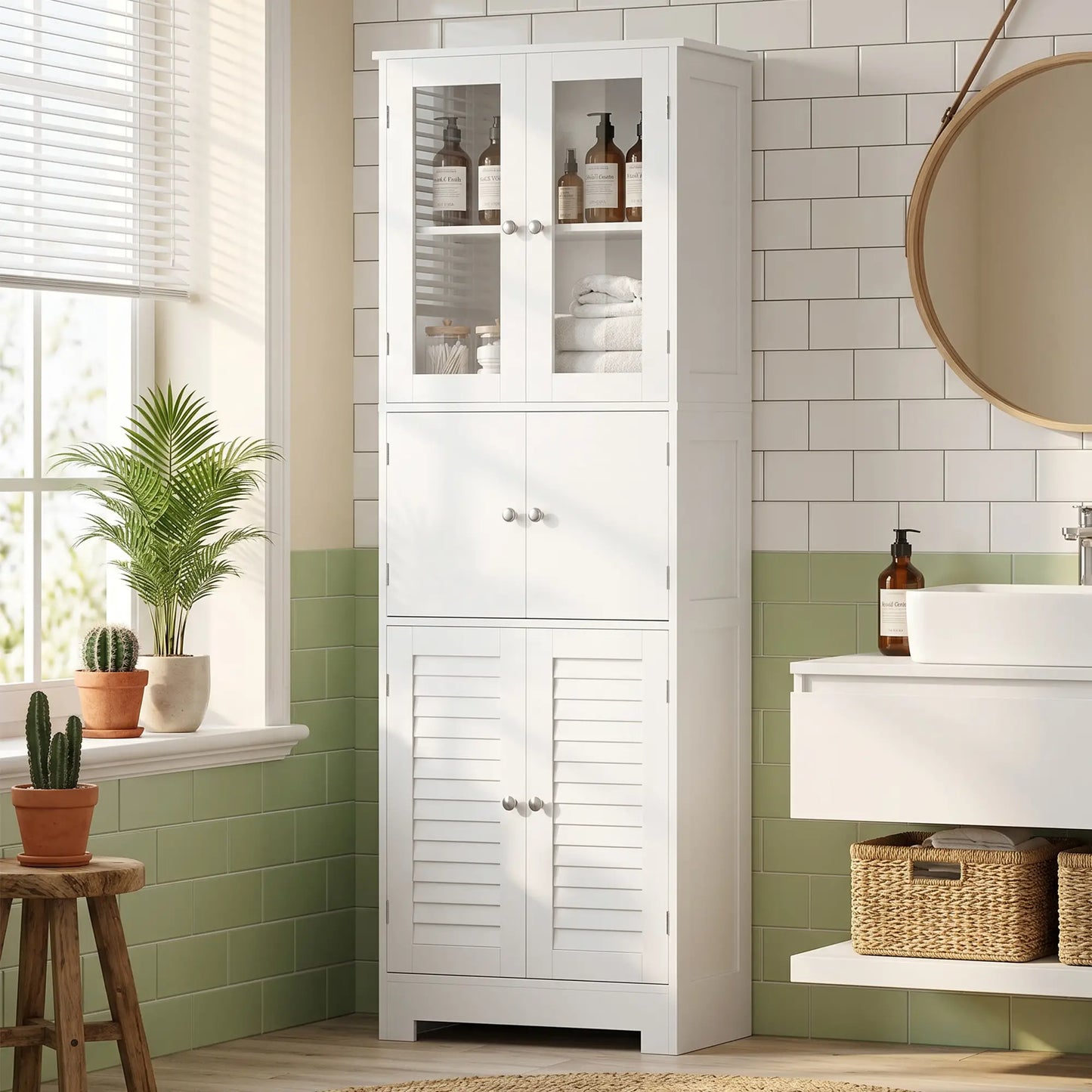 Freestanding Bathroom Cabinet, Glass Louvred Doors, Tall for Kitchen, Study Bathroom Cabinets at Gallery Canada