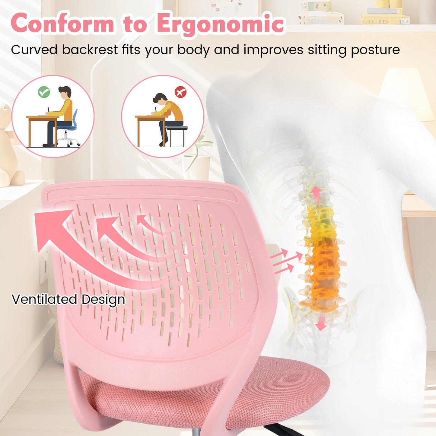 Ergonomic Children Study Chair with Adjustable Height, Light Pink