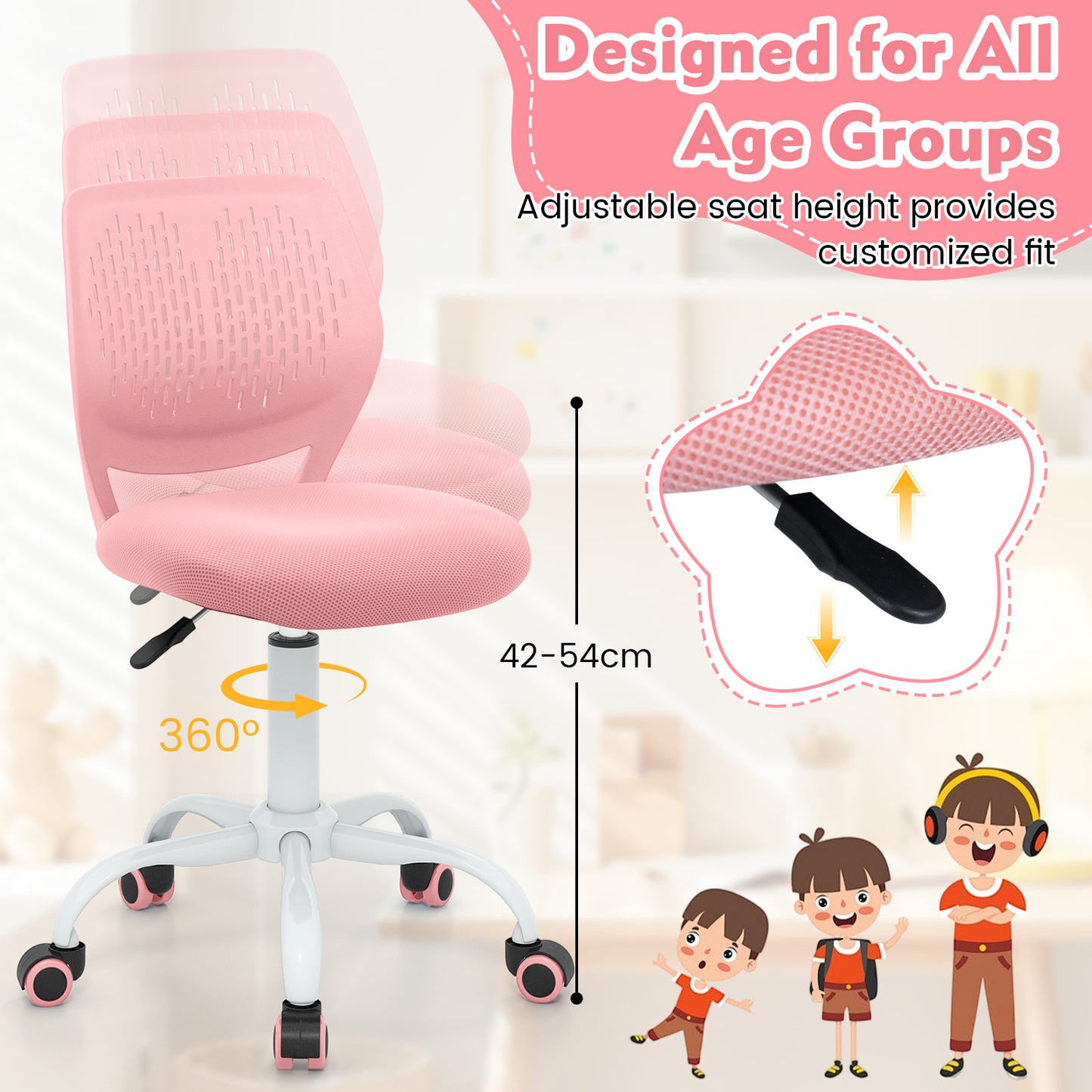 Ergonomic Children Study Chair with Adjustable Height, Light Pink