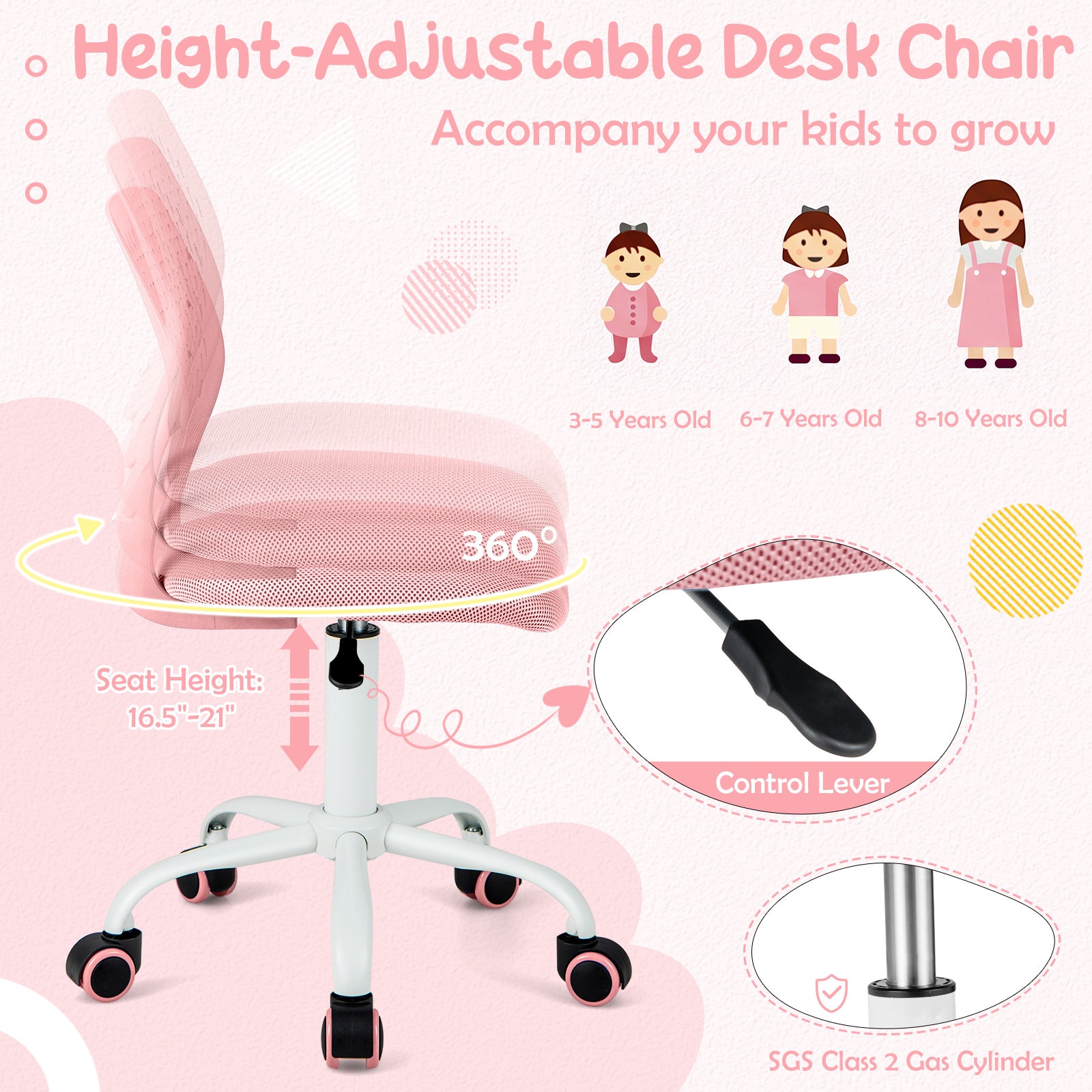 Ergonomic Children Study Chair with Adjustable Height, Light Pink Kids Chairs & Seating at Gallery Canada