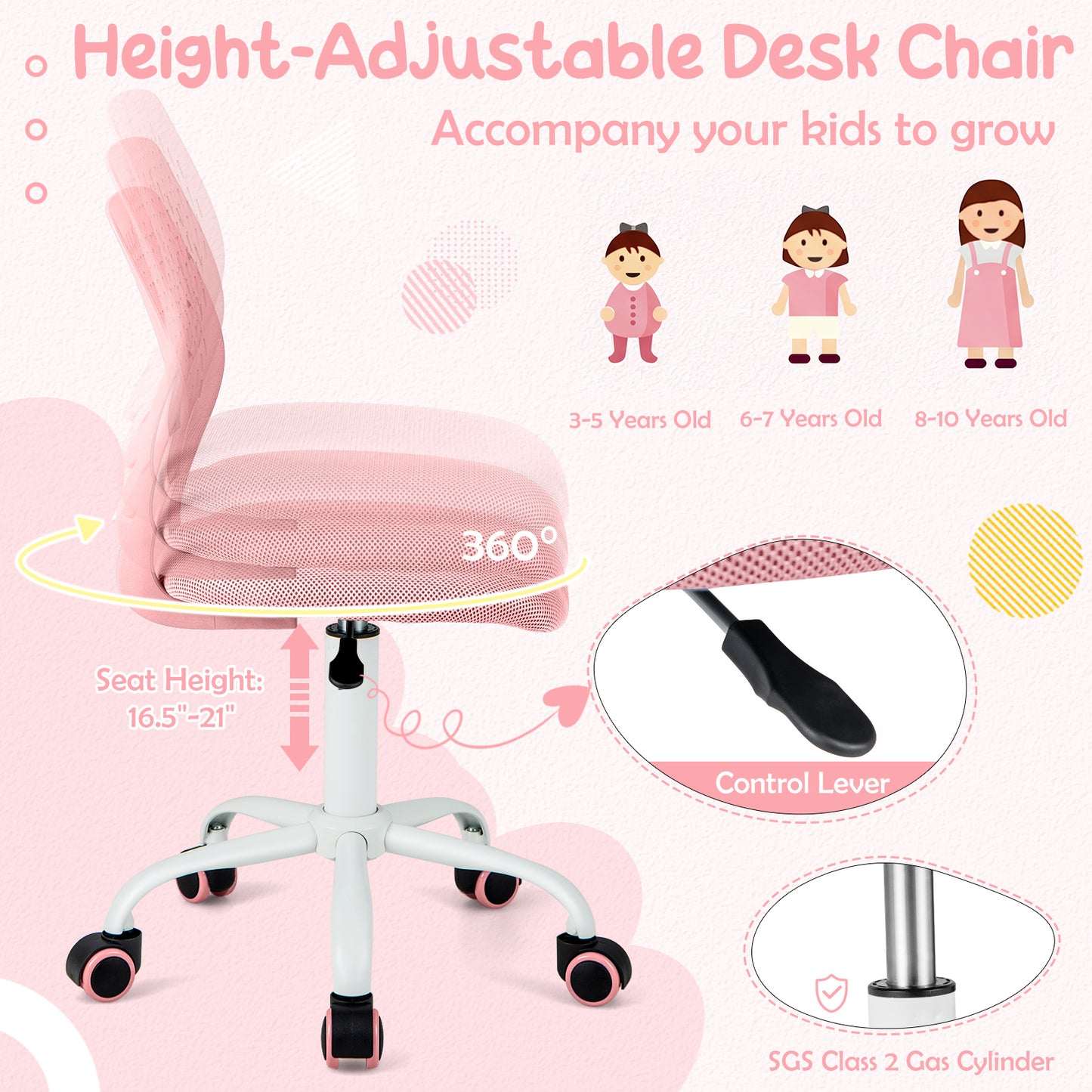 Ergonomic Children Study Chair with Adjustable Height, Light Pink Kids Chairs & Seating at Gallery Canada