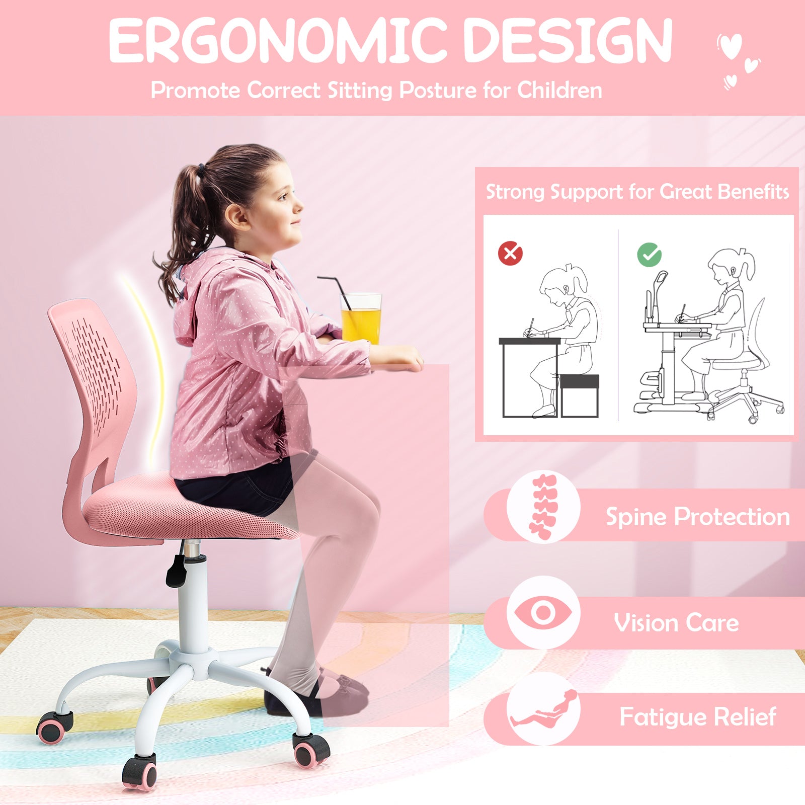 Ergonomic Children Study Chair with Adjustable Height, Light Pink Kids Chairs & Seating at Gallery Canada
