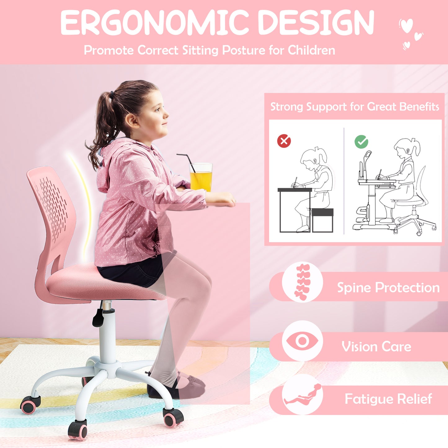 Ergonomic Children Study Chair with Adjustable Height, Light Pink Kids Chairs & Seating at Gallery Canada