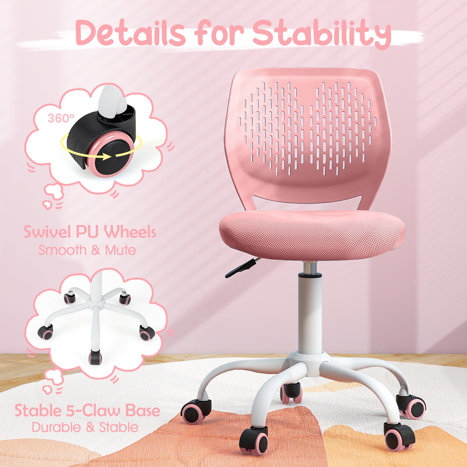 Ergonomic Children Study Chair with Adjustable Height, Light Pink Kids Chairs & Seating at Gallery Canada