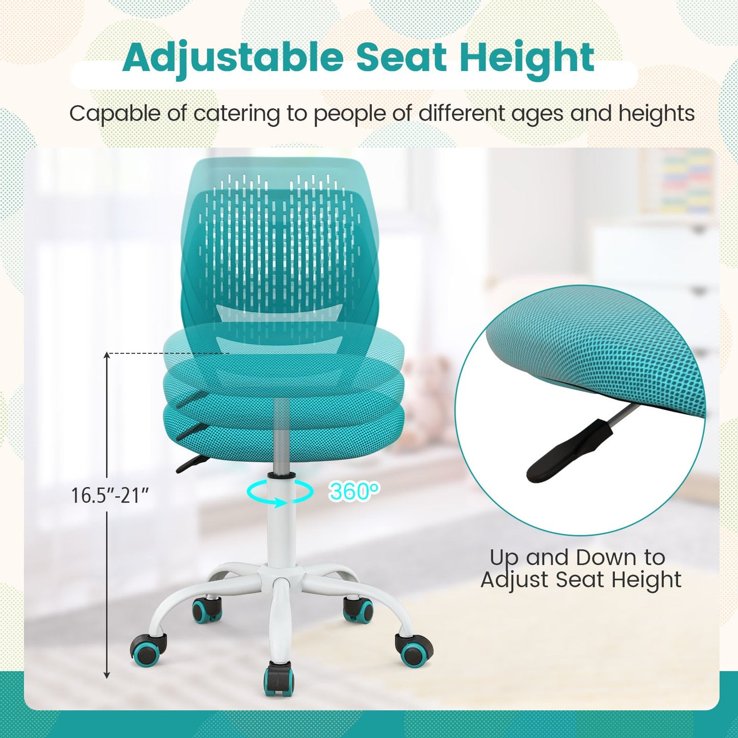 Adjustable Height Ergonomic Children Study Chair, Turquoise Kids Chairs & Seating at Gallery Canada