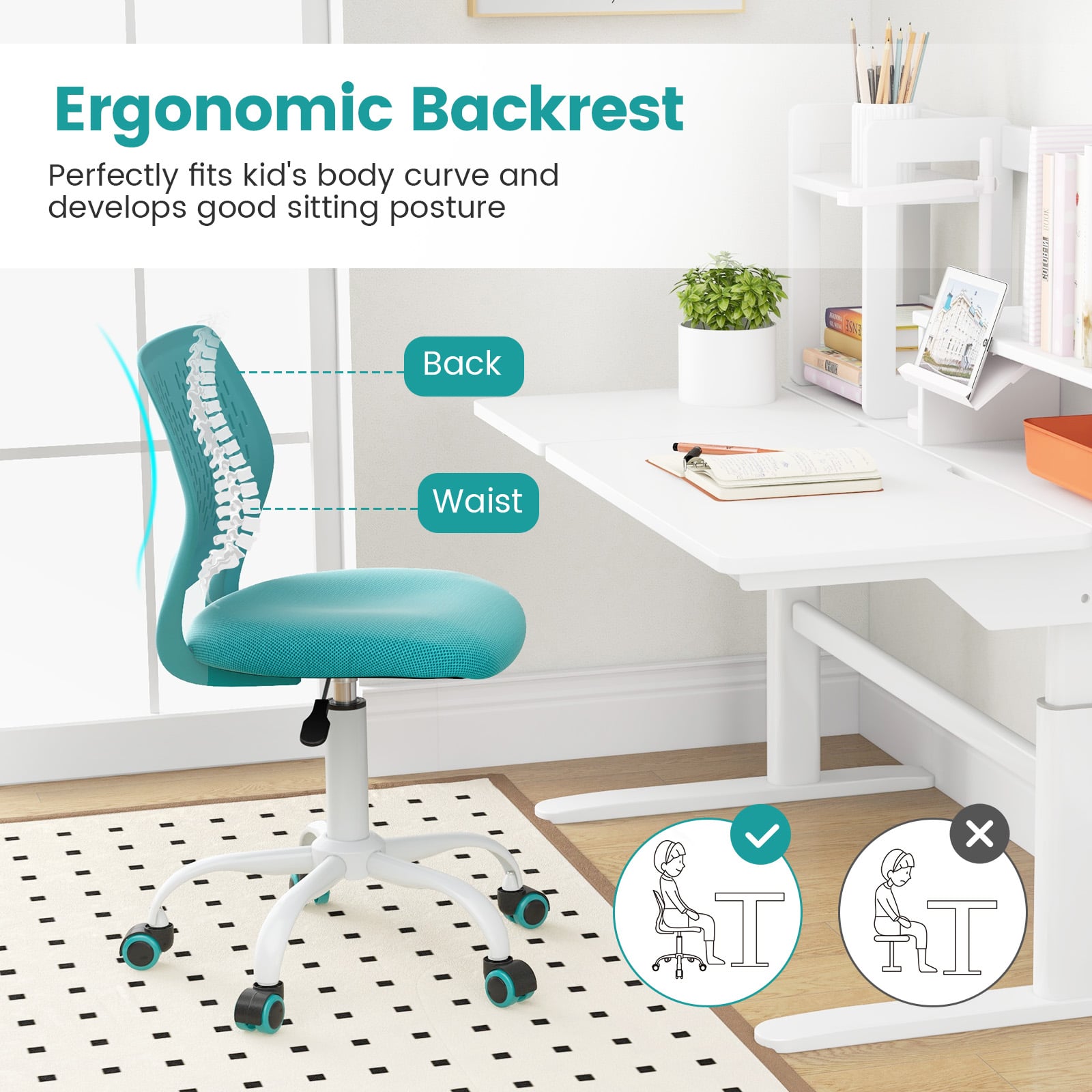 Adjustable Height Ergonomic Children Study Chair, Turquoise Kids Chairs & Seating at Gallery Canada