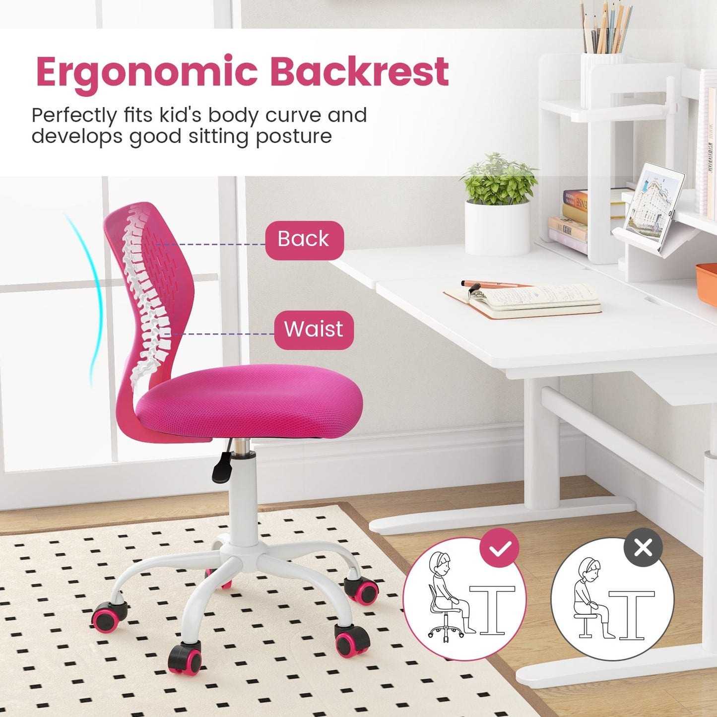 Adjustable Height Ergonomic Study Chair, Pink Kids Chairs & Seating at Gallery Canada