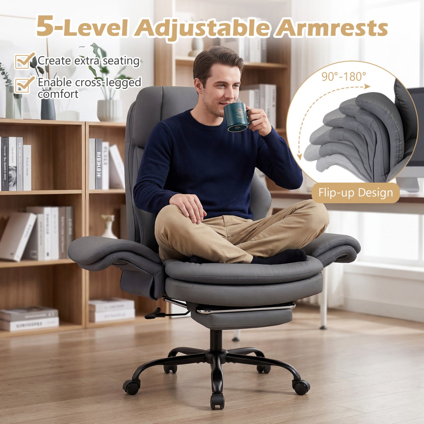 Ergonomic Cross Legged Office Chair with Retractable Footrest, Gray Big and Tall Chairs at Gallery Canada