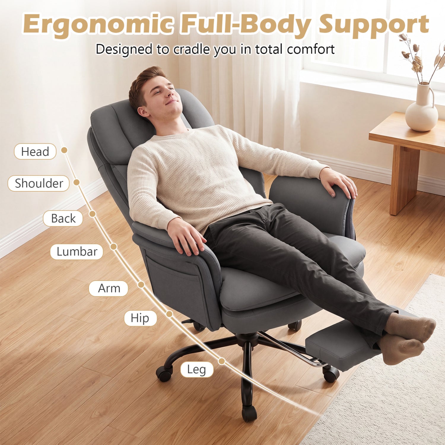 Ergonomic Cross Legged Office Chair with Retractable Footrest, Gray Big and Tall Chairs at Gallery Canada
