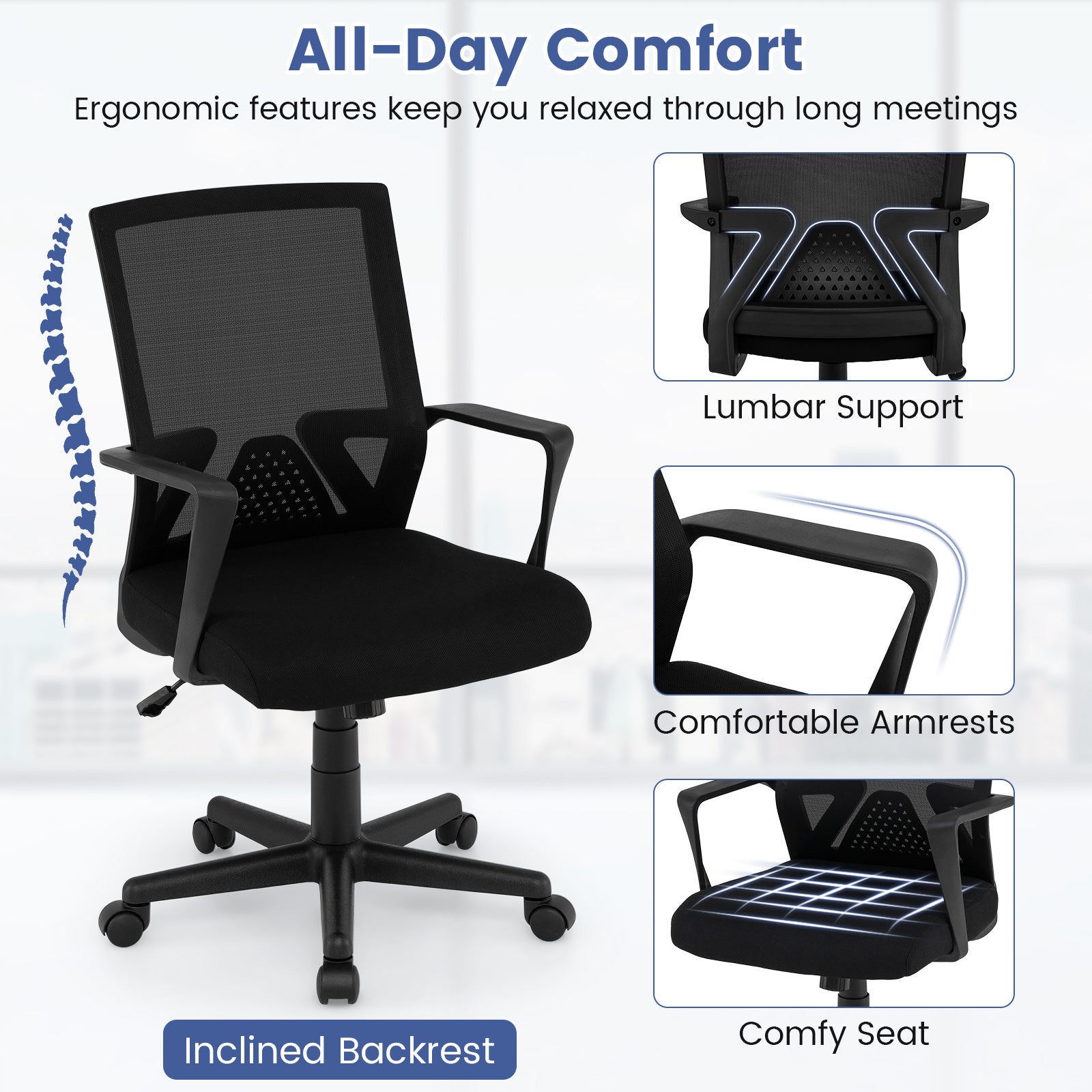 Ergonomic Desk Chair With Lumbar Support, Rocking Function, Black Mesh Chairs at Gallery Canada