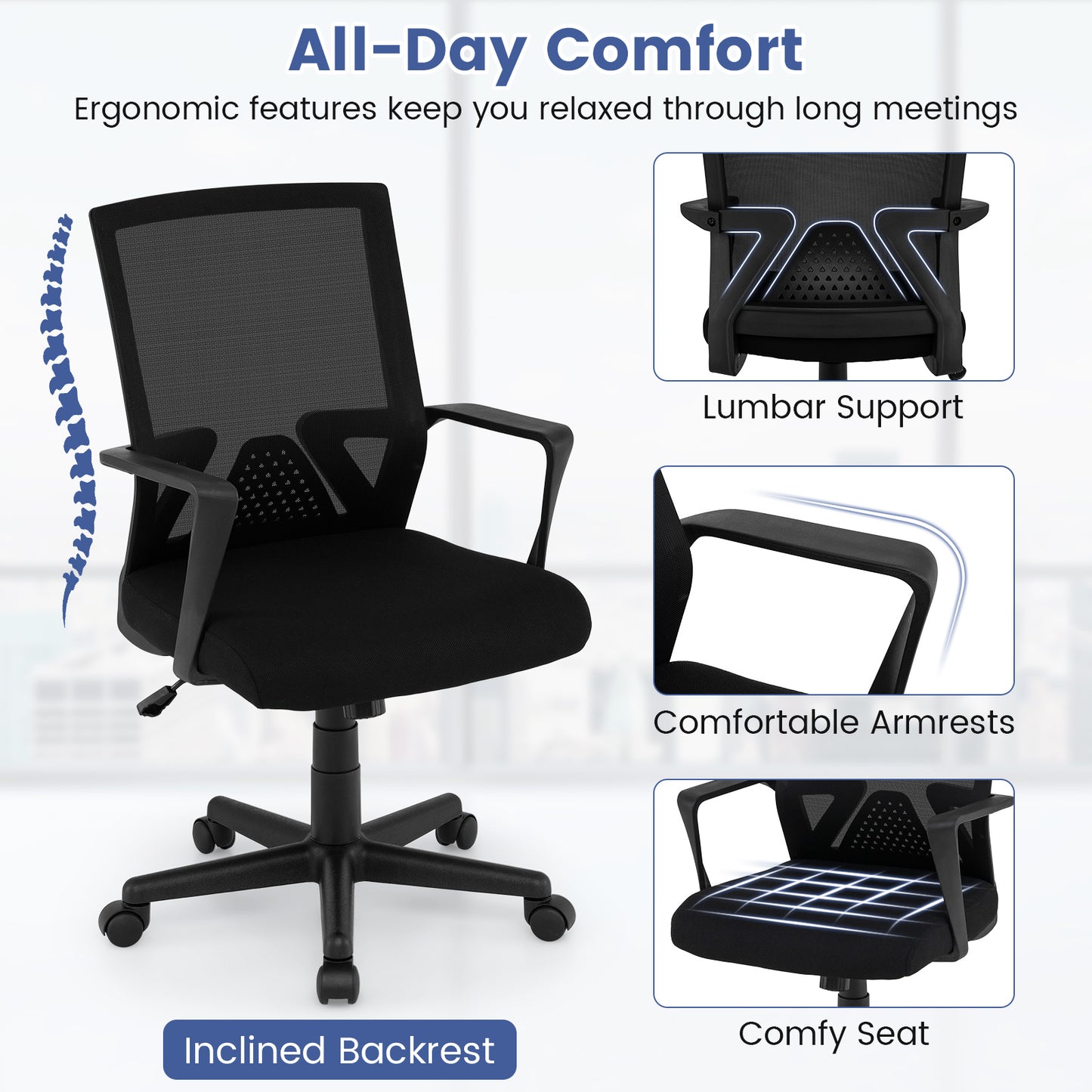 Ergonomic Desk Chair With Lumbar Support, Rocking Function, Black Mesh Chairs at Gallery Canada